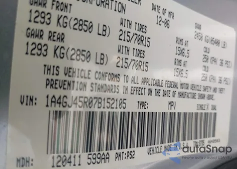 2007 Chrysler Town & Country z USA, uszkodzony, nr VIN 1A4GJ45R07B152105